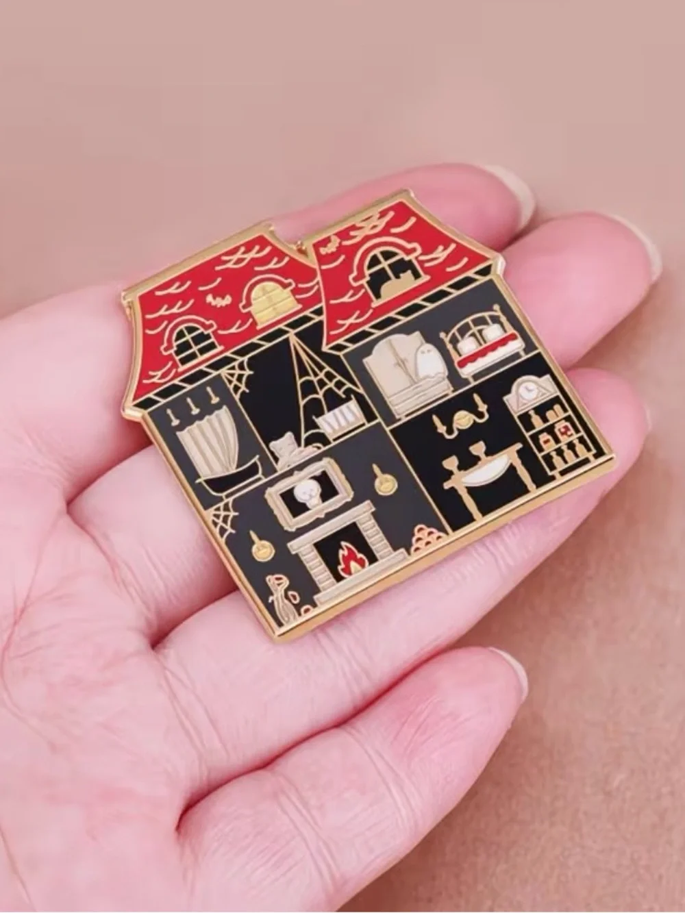 Halloween Haunted House Enamel Pin - Red and Black Fireplace Ghost Spiderwebs